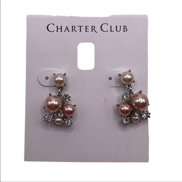 Charter Club Silver-Tone Crystal & Colored Imitation Pearl Cluster Drop Earrings - Picture 1 of 2